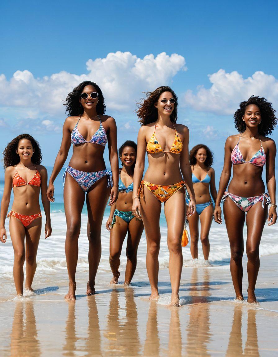 A vibrant beach scene featuring a diverse group of confident women proudly showcasing their stylish beachwear and bikinis. The sun gleams reflective off the water, and bright tropical flowers are scattered around, creating an inviting atmosphere. Each woman displays unique body types, styles, and accessories, emphasizing empowerment and confidence. Playful beach activities and cheerful beachgoers in the background add life to the image. super-realistic. vibrant colors. sunny beach backdrop.
