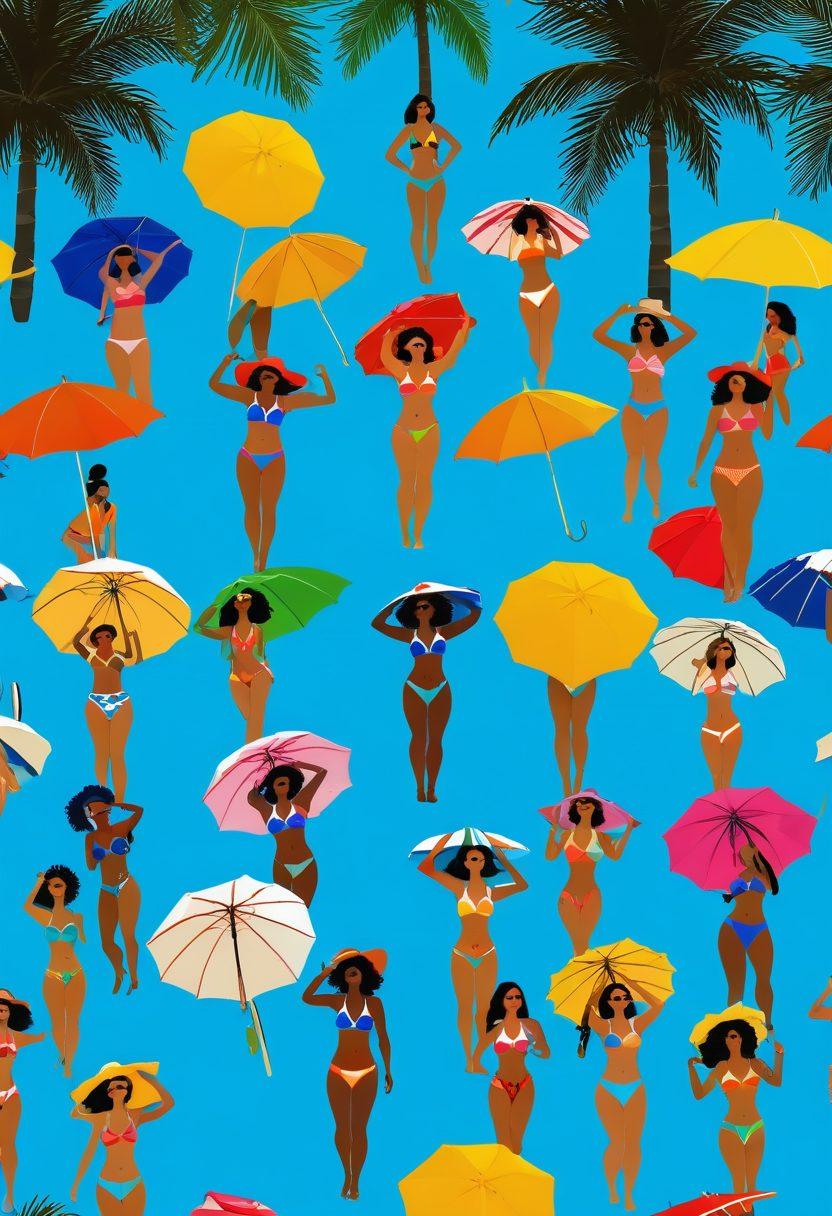 A vibrant beach scene featuring diverse women of different body types showcasing the latest bikini trends, surrounded by colorful beach umbrellas and sunbathers, with a bright blue ocean in the background and palm trees swaying in the breeze. Include accessories like sunglasses and beach hats for a perfect summer vibe. Illustration style should be lively and colorful, capturing the essence of summer. vibrant colors. 3D.